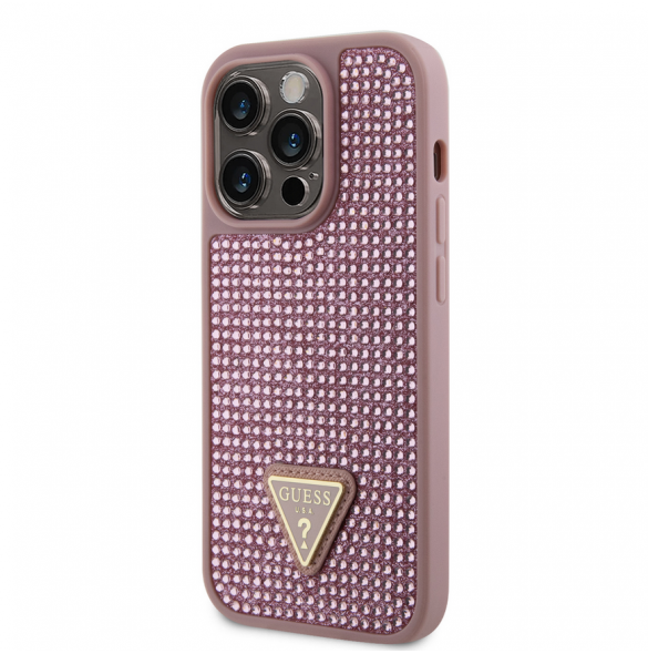 Guess Rhinestones Triangle metalllogofodral för iPhone 15 Pro Pink