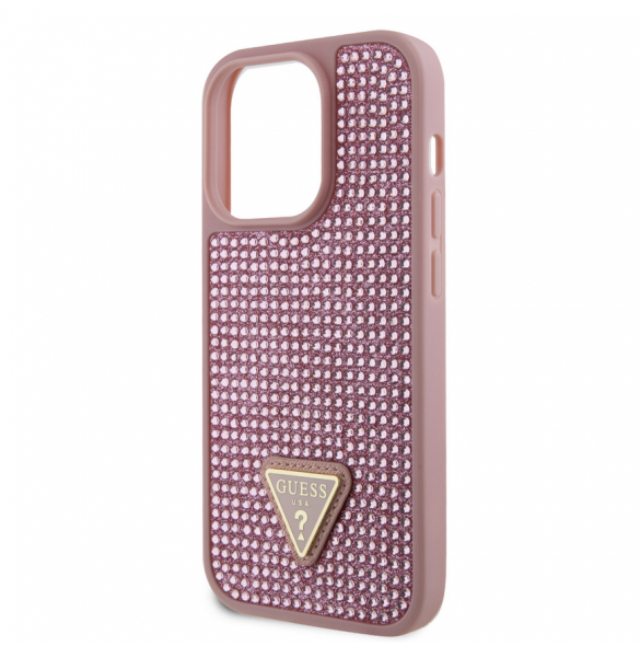 Guess Rhinestones Triangle metalllogofodral för iPhone 15 Pro Pink