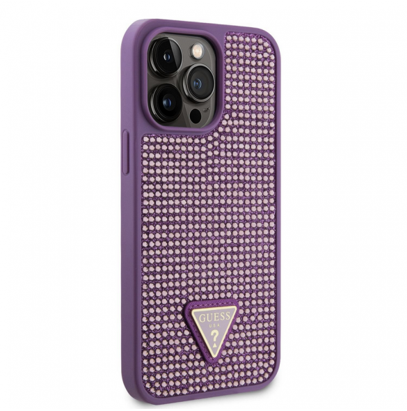 Guess Rhinestones Triangle Metal Logo Fodral till iPhone 15 Pro Max Lila