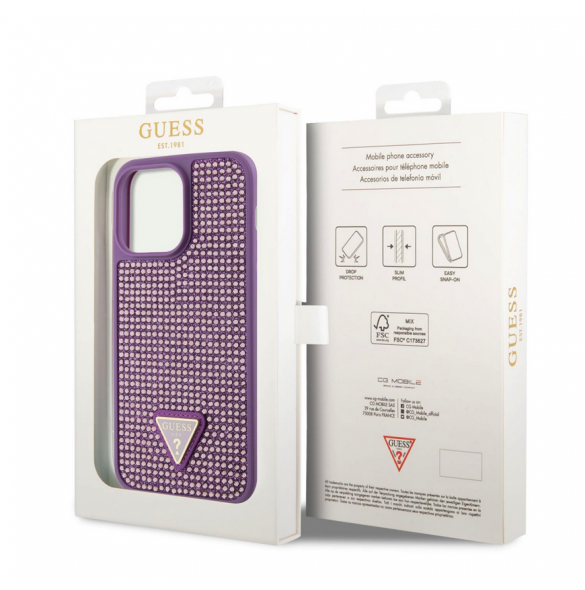 Guess Rhinestones Triangle Metal Logo Fodral till iPhone 15 Pro Max Lila
