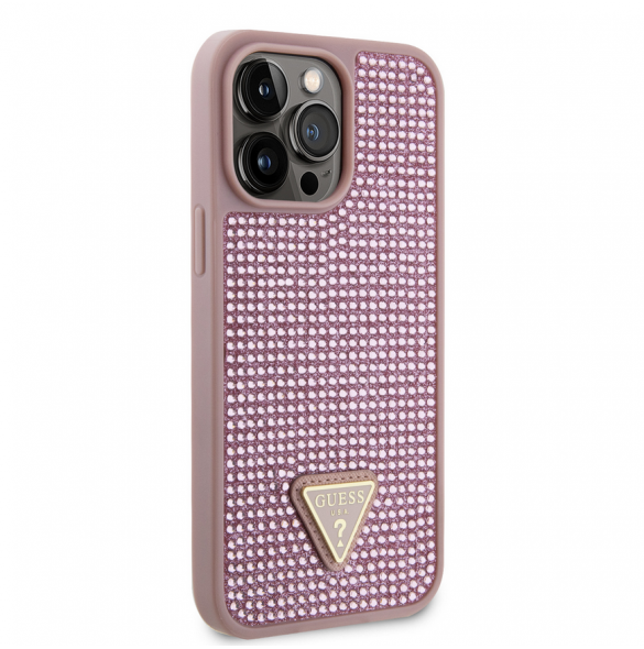 Guess Rhinestones Triangle metalllogofodral för iPhone 15 Pro Max Rosa