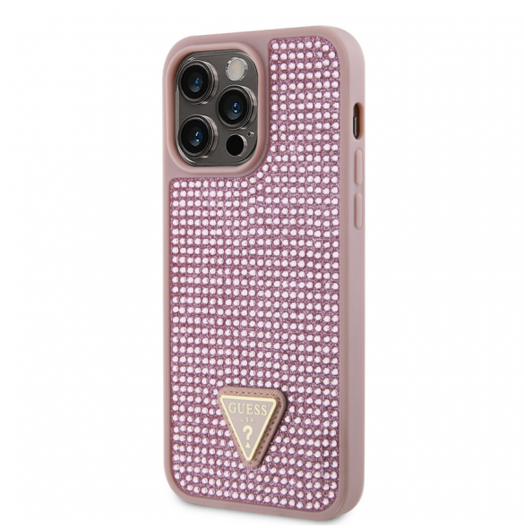 Guess Rhinestones Triangle metalllogofodral för iPhone 15 Pro Max Rosa