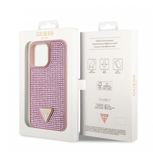 Guess Rhinestones Triangle metalllogofodral för iPhone 15 Pro Max Rosa