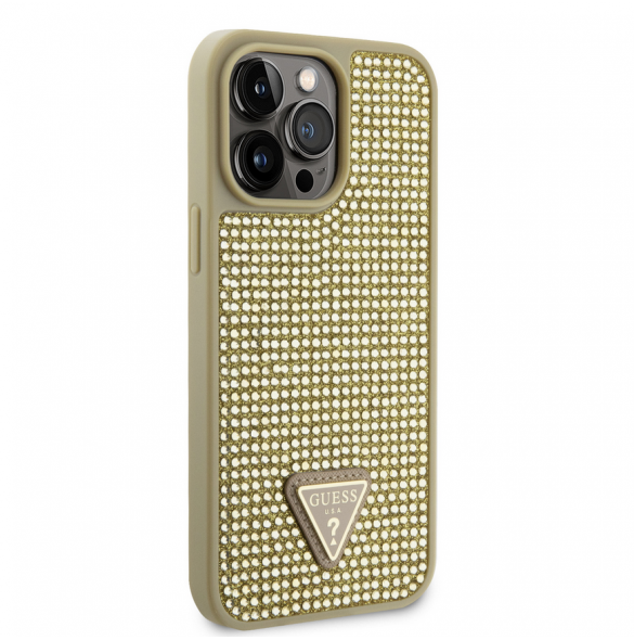 Guess Rhinestones Triangle metalllogofodral för iPhone 15 Pro Max Gold
