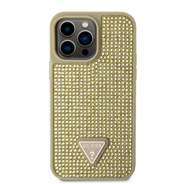 Guess Rhinestones Triangle metalllogofodral för iPhone 15 Pro Max Gold