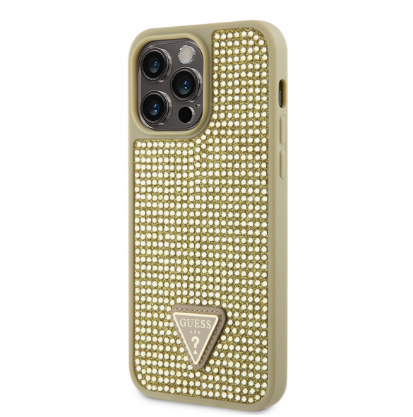 Guess Rhinestones Triangle metalllogofodral för iPhone 15 Pro Max Gold
