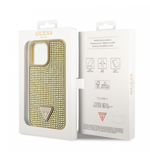 Guess Rhinestones Triangle metalllogofodral för iPhone 15 Pro Max Gold