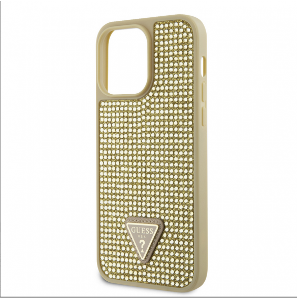 Guess Rhinestones Triangle metalllogofodral för iPhone 15 Pro Max Gold