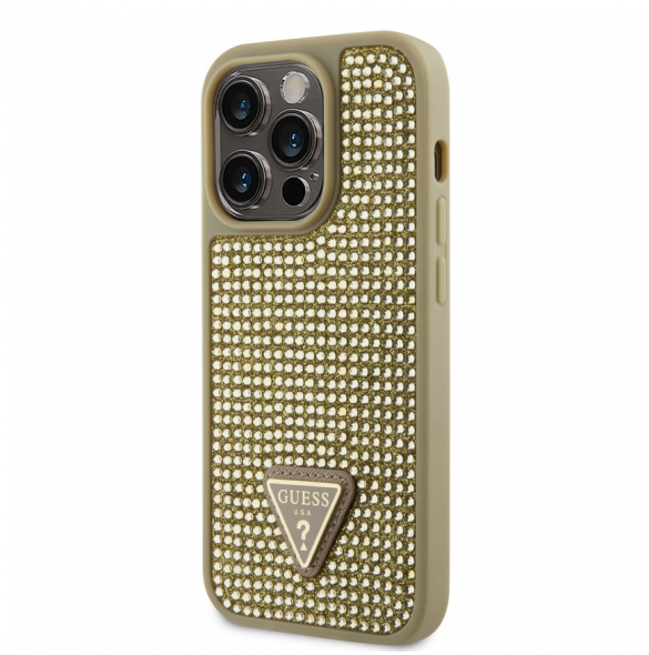Guess Rhinestones Triangle metalllogofodral för iPhone 15 Pro Gold