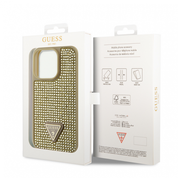 Guess Rhinestones Triangle metalllogofodral för iPhone 15 Pro Gold
