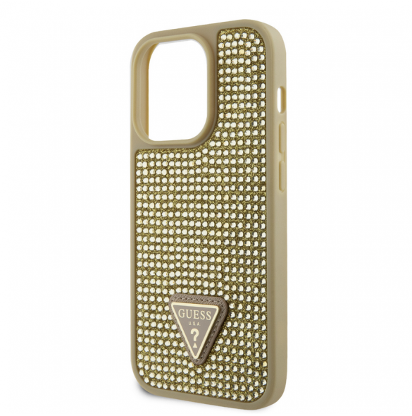Guess Rhinestones Triangle metalllogofodral för iPhone 15 Pro Gold
