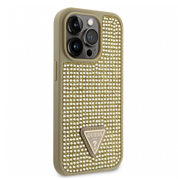 Guess Rhinestones Triangle metalllogofodral för iPhone 15 Pro Gold