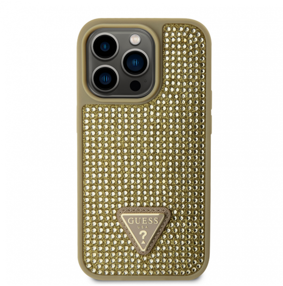 Guess Rhinestones Triangle metalllogofodral för iPhone 15 Pro Gold