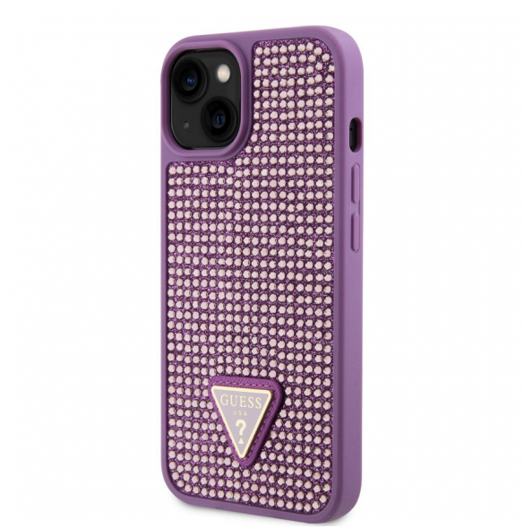 Guess Rhinestones Triangle metalllogofodral för iPhone 15 Plus Lila