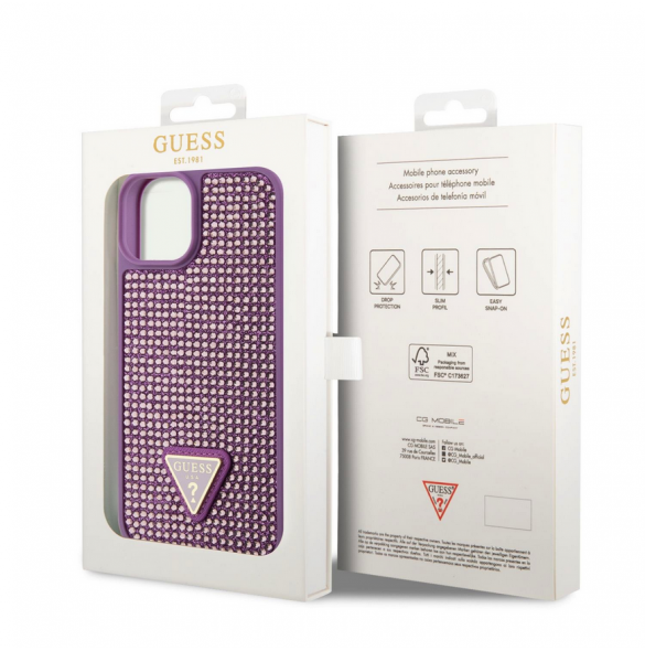 Guess Rhinestones Triangle metalllogofodral för iPhone 15 Plus Lila