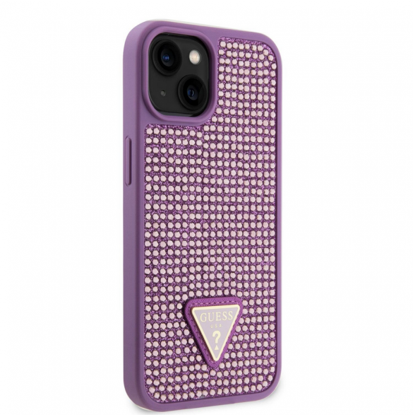Guess Rhinestones Triangle metalllogofodral för iPhone 15 Plus Lila