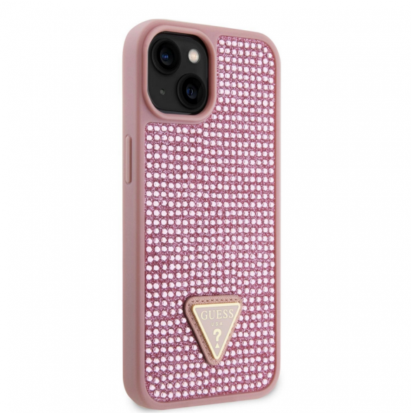 Guess Rhinestones Triangle metalllogofodral för iPhone 15 Rosa