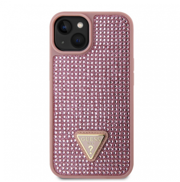 Guess Rhinestones Triangle metalllogofodral för iPhone 15 Rosa