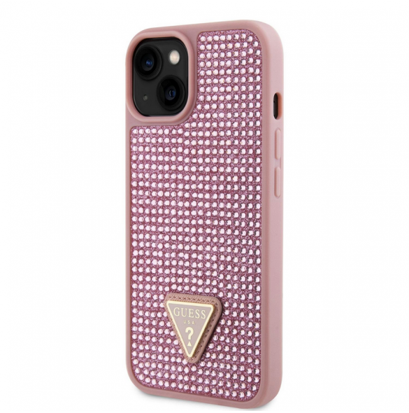Guess Rhinestones Triangle metalllogofodral för iPhone 15 Rosa