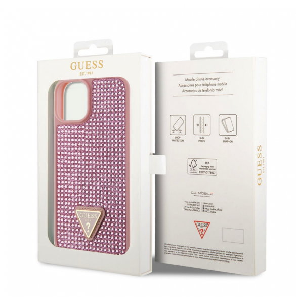 Guess Rhinestones Triangle metalllogofodral för iPhone 15 Rosa