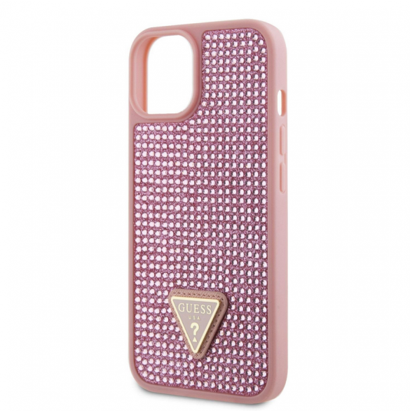 Guess Rhinestones Triangle metalllogofodral för iPhone 15 Rosa