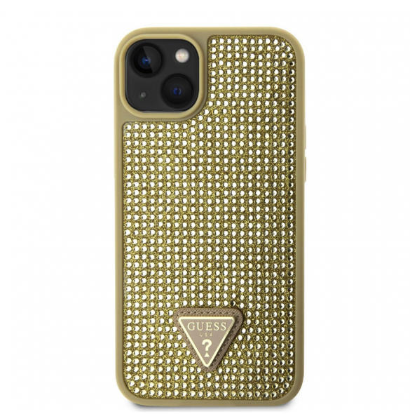 Guess Rhinestones Triangle metalllogofodral för iPhone 15 Gold