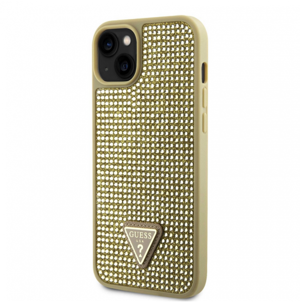 Guess Rhinestones Triangle metalllogofodral för iPhone 15 Gold