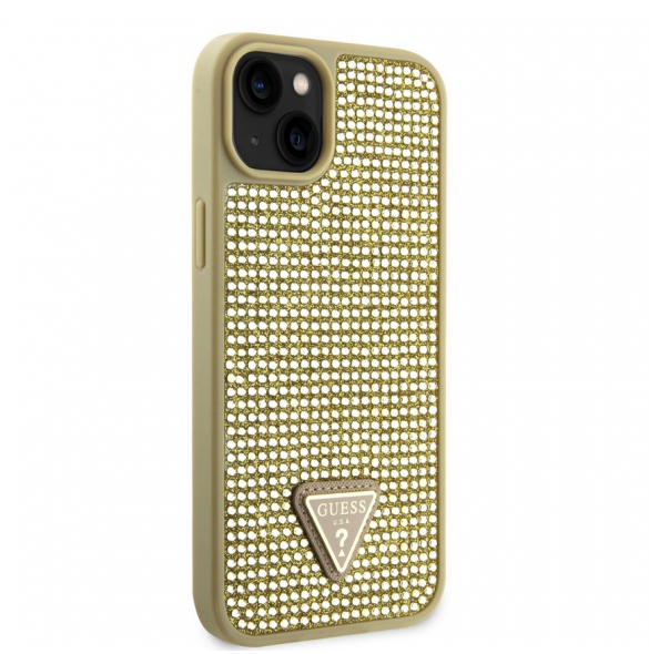 Guess Rhinestones Triangle metalllogofodral för iPhone 15 Gold