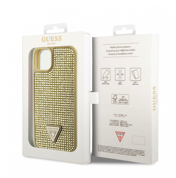Guess Rhinestones Triangle metalllogofodral för iPhone 15 Gold