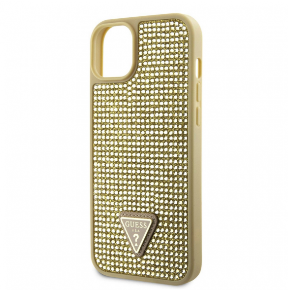 Guess Rhinestones Triangle metalllogofodral för iPhone 15 Gold