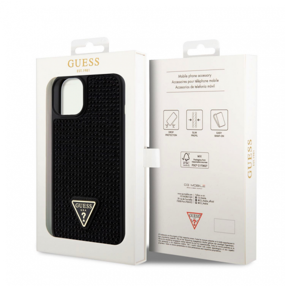 Guess Rhinestones Triangle Metal Logo Fodral för iPhone 15 Svart