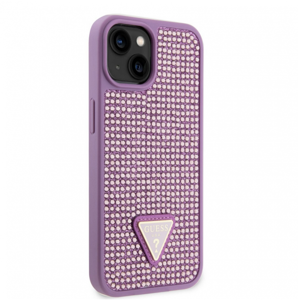 Guess Rhinestones Triangle metalllogofodral för iPhone 14 Lila