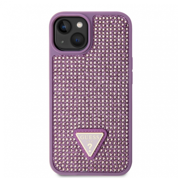 Guess Rhinestones Triangle metalllogofodral för iPhone 14 Lila