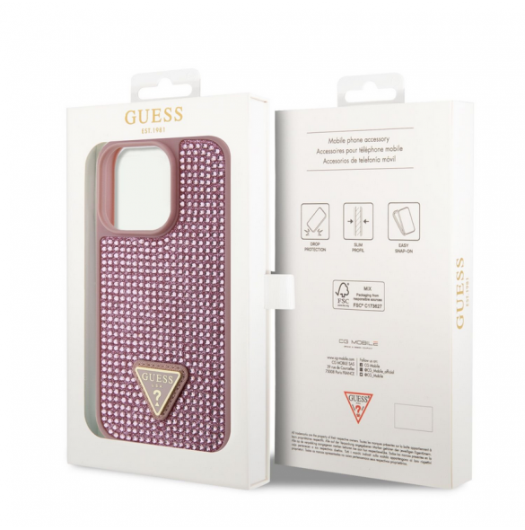 Guess Rhinestones Triangle Metal Logo Fodral till iPhone 14 Pro Pink