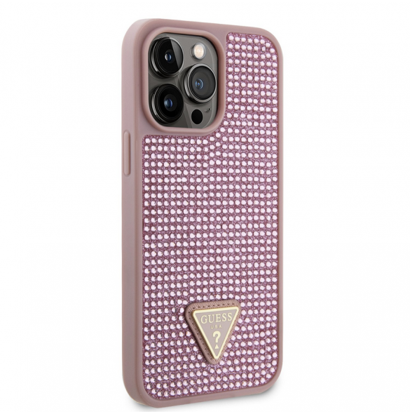 Guess Rhinestones Triangle metalllogofodral för iPhone 14 Pro Max Rosa