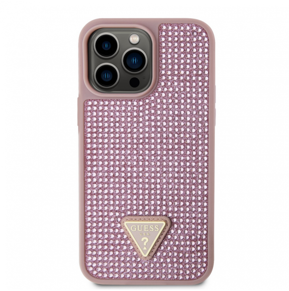 Guess Rhinestones Triangle metalllogofodral för iPhone 14 Pro Max Rosa