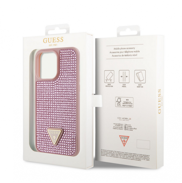 Guess Rhinestones Triangle metalllogofodral för iPhone 14 Pro Max Rosa