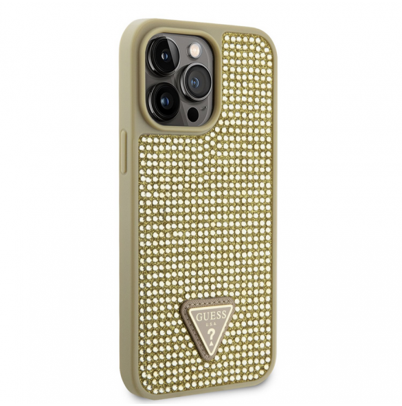 Guess Rhinestones Triangle metalllogofodral för iPhone 14 Pro Max Gold