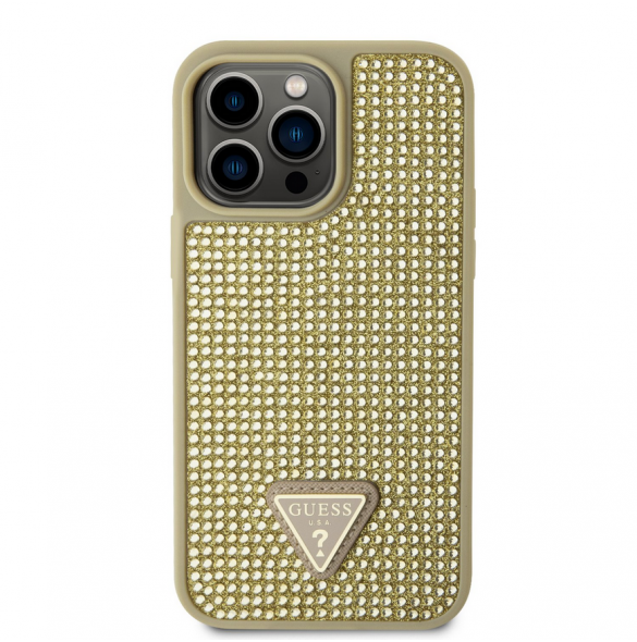 Guess Rhinestones Triangle metalllogofodral för iPhone 14 Pro Max Gold