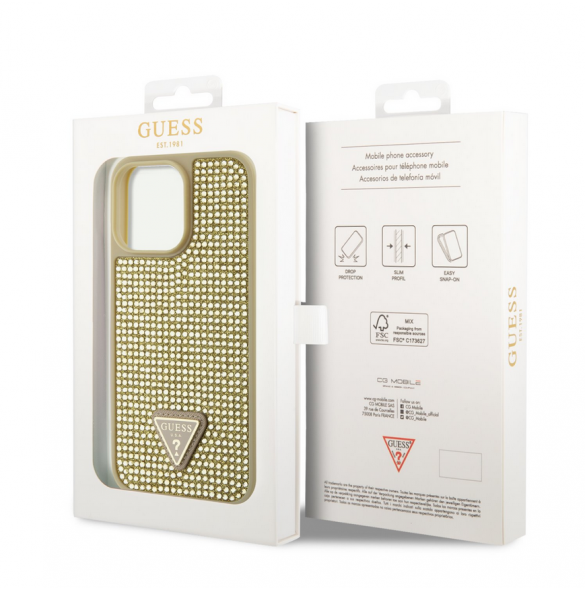 Guess Rhinestones Triangle metalllogofodral för iPhone 14 Pro Max Gold