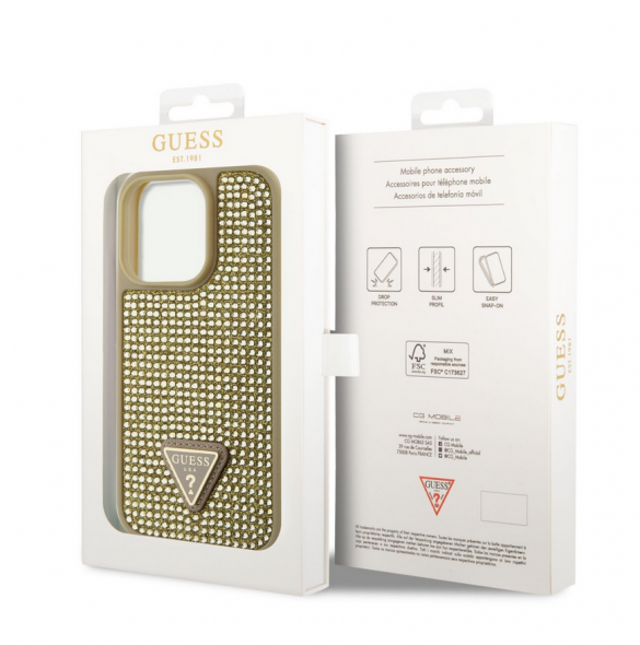 Guess Rhinestones Triangle Metal Logo Fodral för iPhone 14 Pro Gold