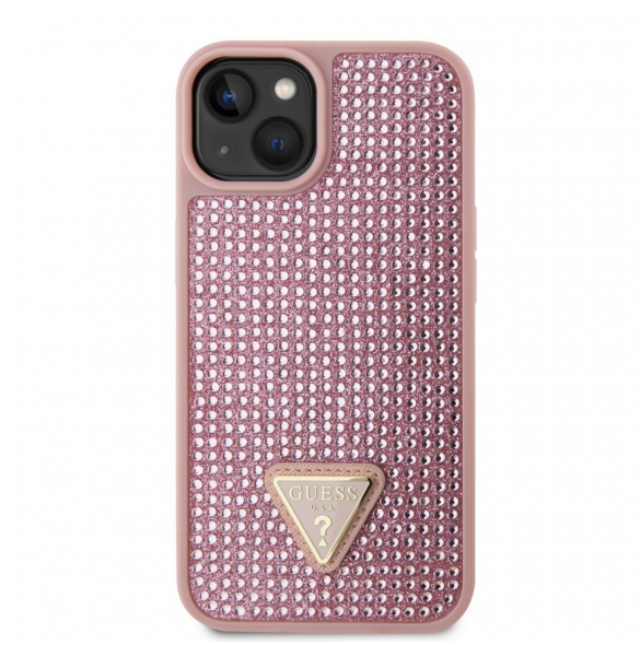 Guess Rhinestones Triangle metalllogofodral för iPhone 14 Rosa