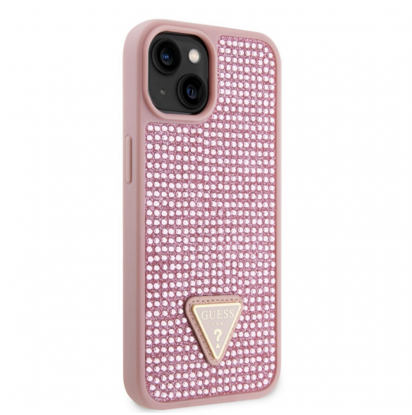 Guess Rhinestones Triangle metalllogofodral för iPhone 14 Rosa