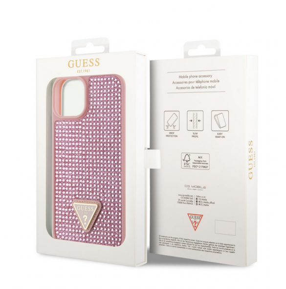 Guess Rhinestones Triangle metalllogofodral för iPhone 14 Rosa