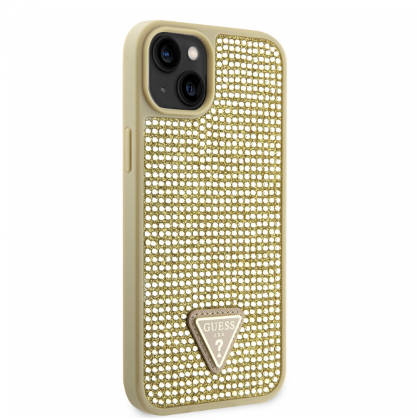Guess Rhinestones Triangle metalllogofodral för iPhone 14 Gold