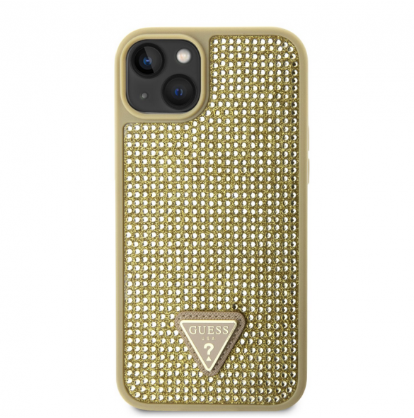 Guess Rhinestones Triangle metalllogofodral för iPhone 14 Gold