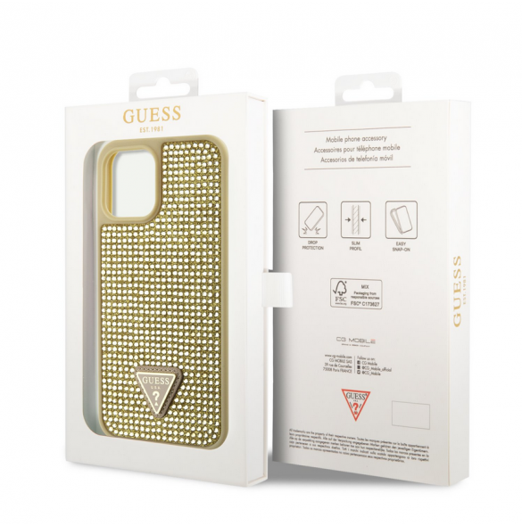 Guess Rhinestones Triangle metalllogofodral för iPhone 12 Pro Max Gold