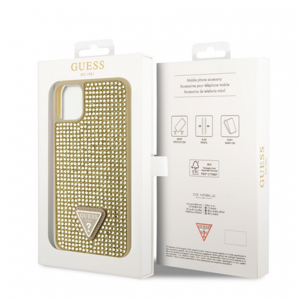 Guess Rhinestones Triangle metalllogofodral för iPhone 11 Gold