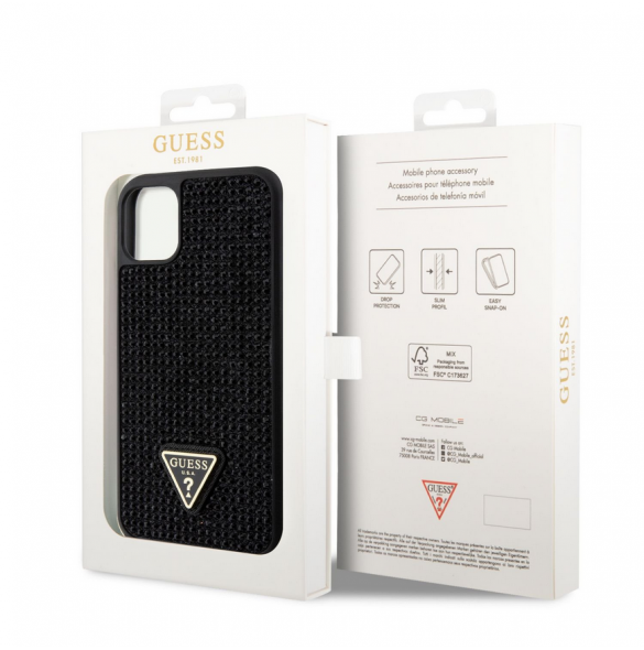 Guess Rhinestones Triangle metalllogofodral för iPhone 11 Svart