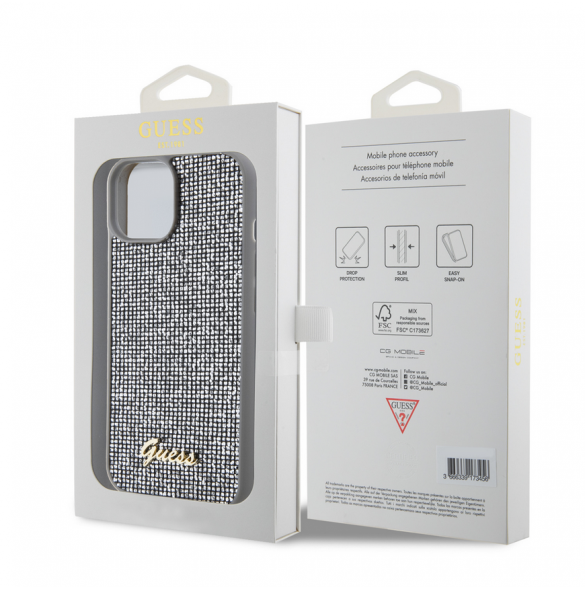 Guess PU Square Mirror Script Logo Fodral till iPhone 15 Silver